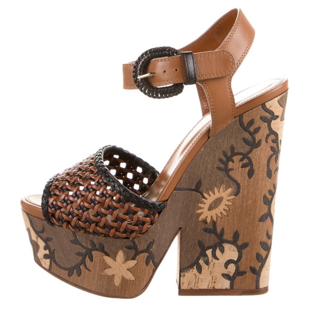 Sergio Rossi Tan and Black Woven Wedges